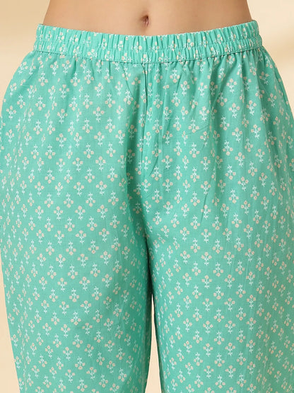 Sea Green Pure Cotton Anarkali Dupatta Pant Set