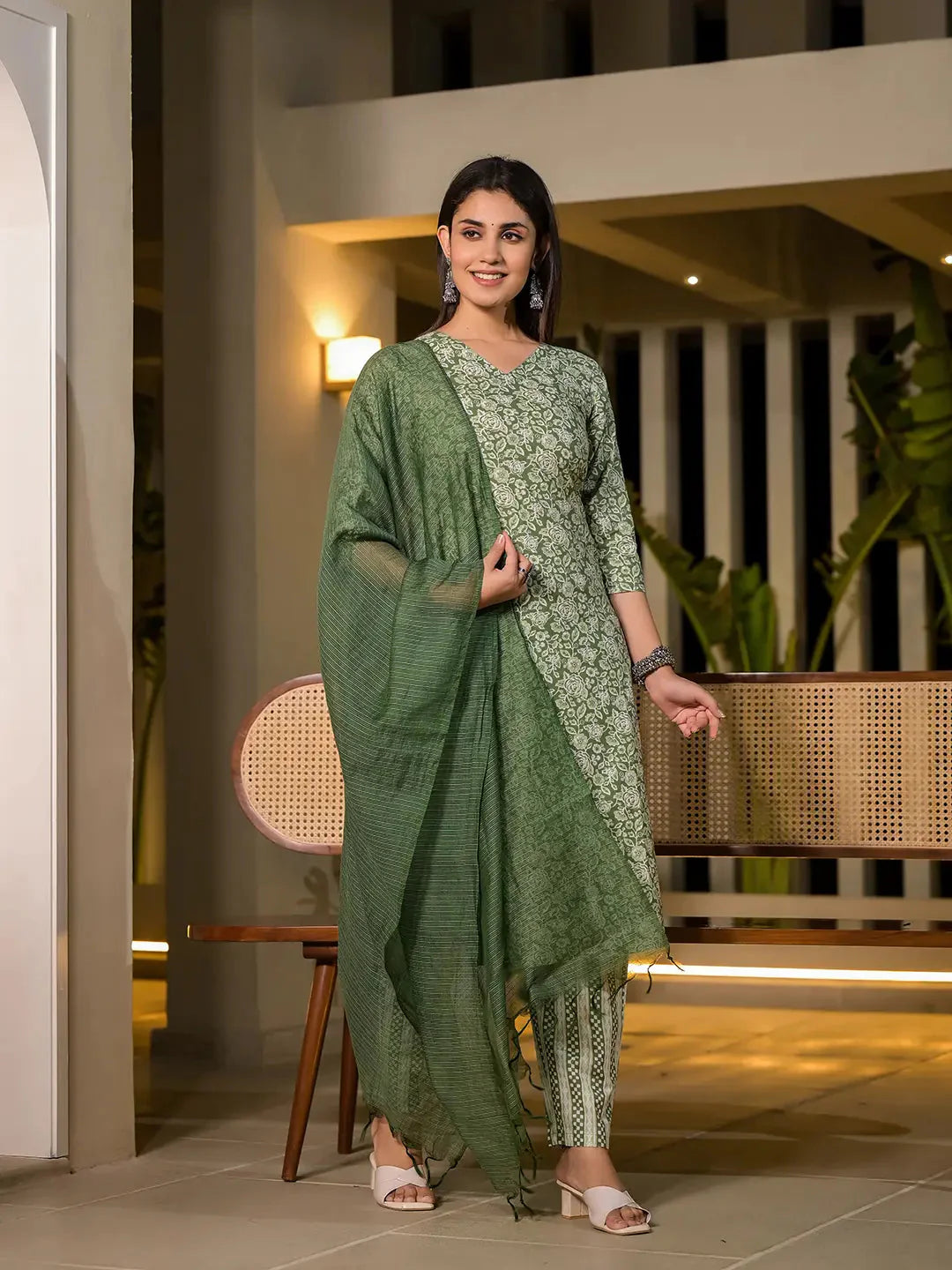 Women's Green Cotton Sea Green Pure Cotton Floral Print Straight Kurta With Trousers And Dupatta Set by Yufta, suitable for wholesale buyers, boutiques, retailers, resellers and bulk fashion orders from Trendphoria