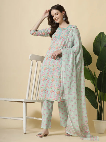 Sea Green Pure Cotton Floral Thread Work Kurta Dupatta Pant Set