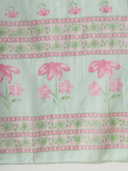 Sea Green Pure Cotton Floral Thread Work Kurta Dupatta Pant Set