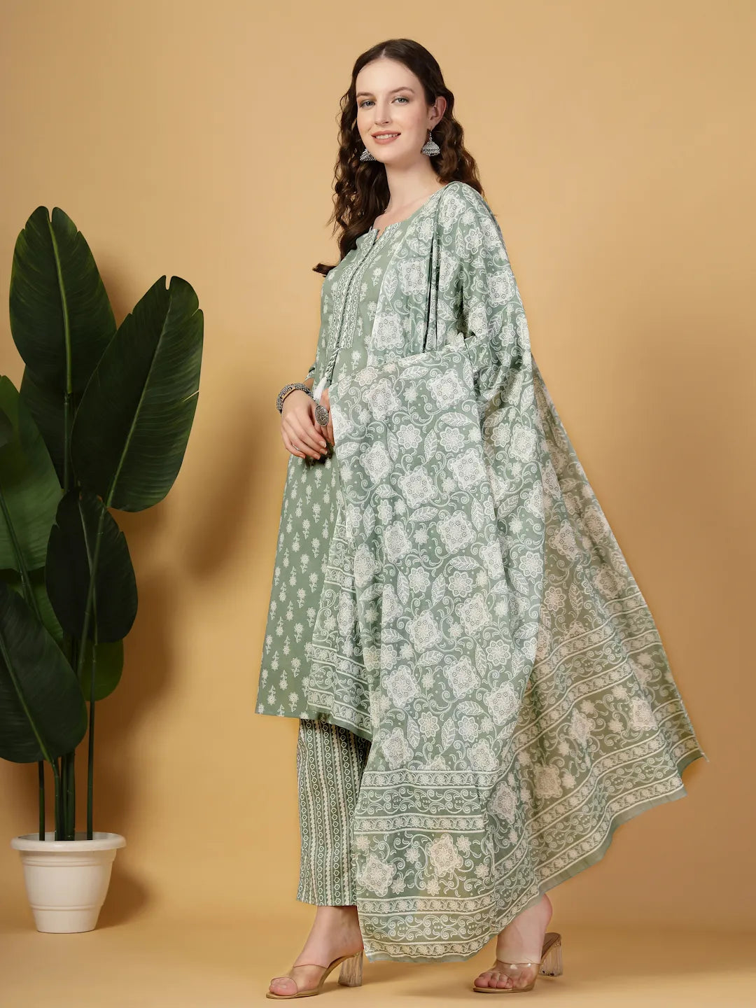 Sea Green Pure Cotton Floral Lace Work Kurta Dupatta Pant Set