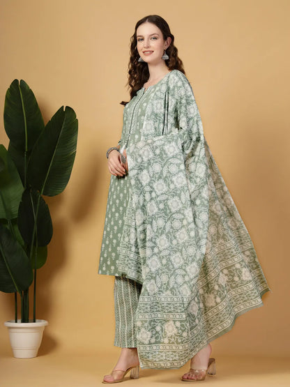 Sea Green Pure Cotton Floral Lace Work Kurta Dupatta Pant Set