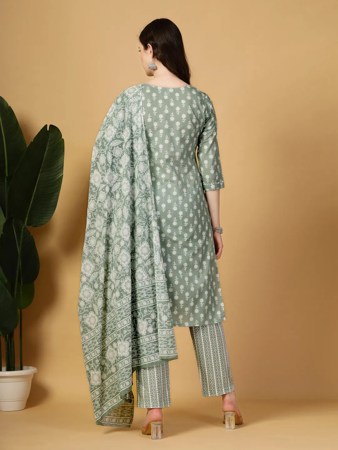 Sea Green Pure Cotton Floral Lace Work Kurta Dupatta Pant Set