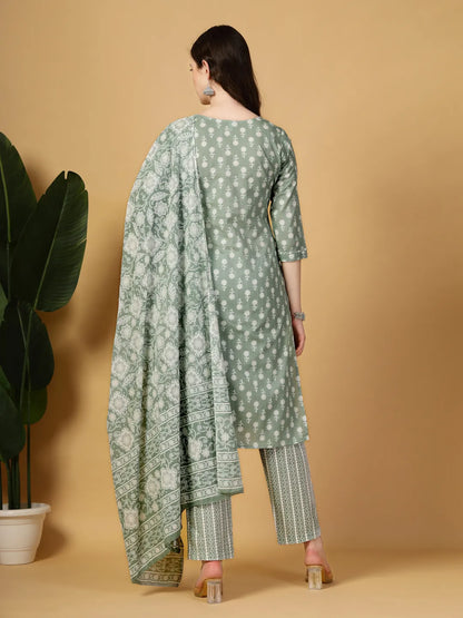 Sea Green Pure Cotton Floral Lace Work Kurta Dupatta Pant Set