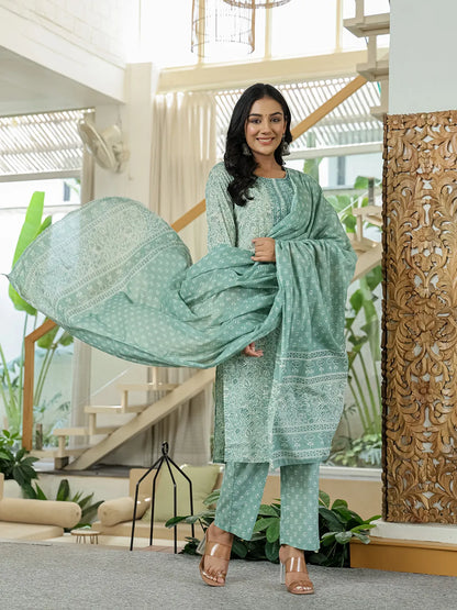 Sea Green Pure Cotton Thread Work Sequins Work Kurta Dupatta Pant Set