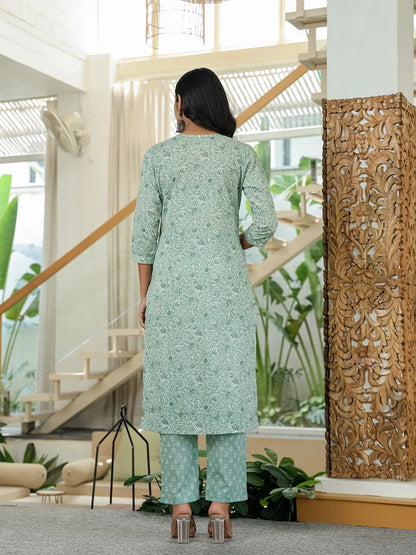 Sea Green Pure Cotton Thread Work Sequins Work Kurta Dupatta Pant Set