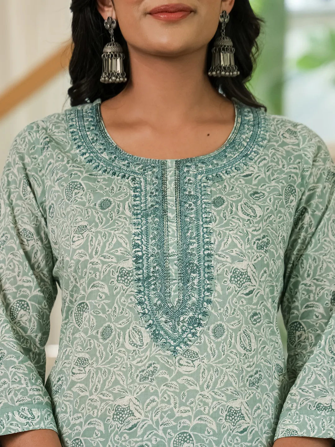 Sea Green Pure Cotton Thread Work Sequins Work Kurta Dupatta Pant Set