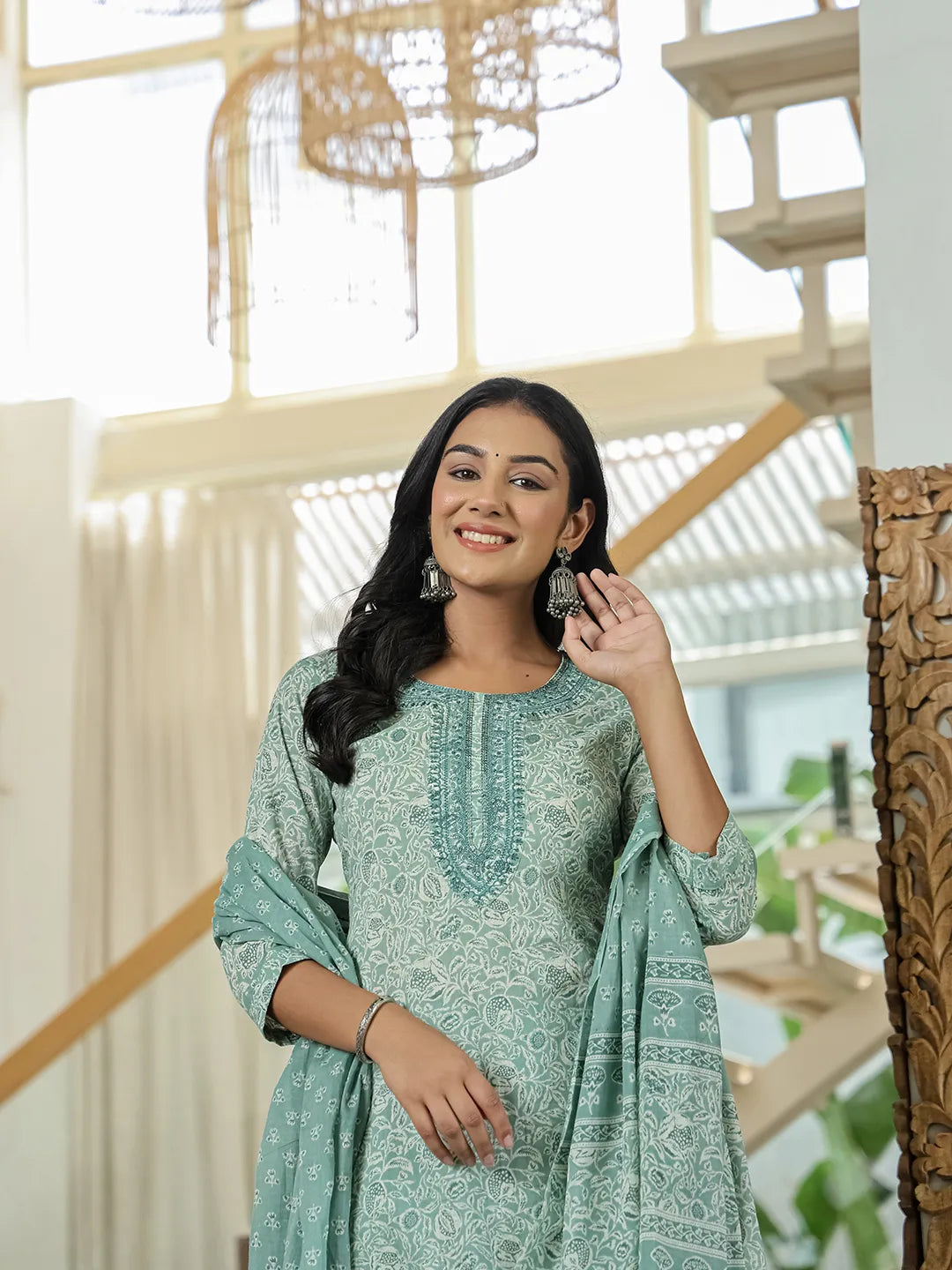 Sea Green Pure Cotton Thread Work Sequins Work Kurta Dupatta Pant Set