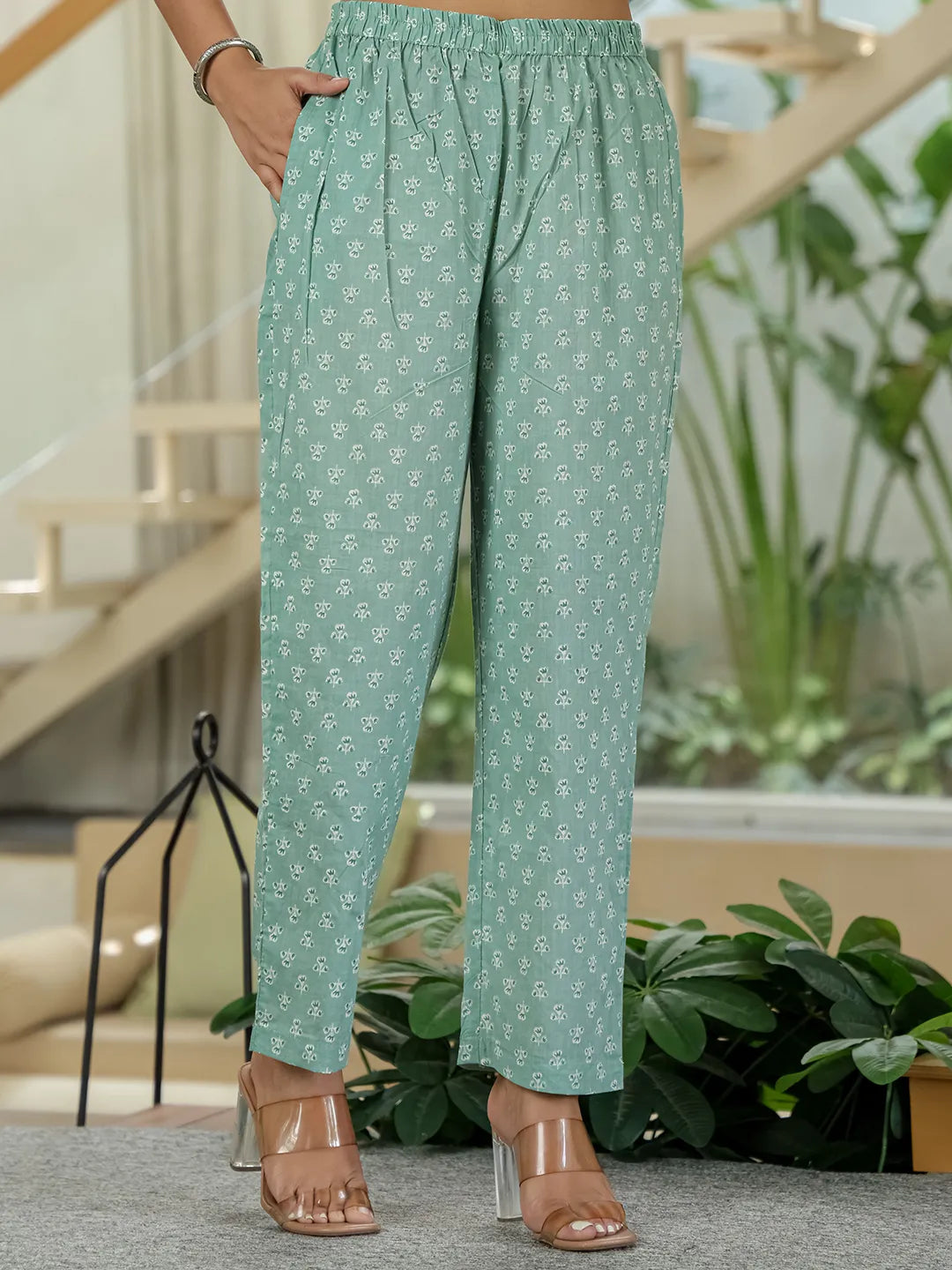 Sea Green Pure Cotton Thread Work Sequins Work Kurta Dupatta Pant Set