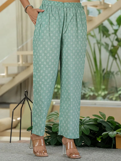 Sea Green Pure Cotton Thread Work Sequins Work Kurta Dupatta Pant Set