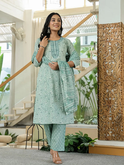Sea Green Pure Cotton Thread Work Sequins Work Kurta Dupatta Pant Set