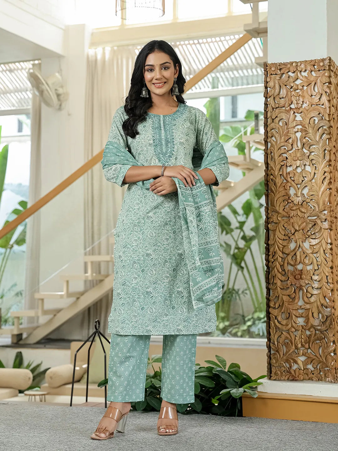 Sea Green Pure Cotton Thread Work Sequins Work Kurta Dupatta Pant Set