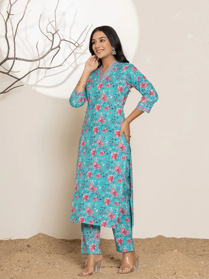 Sea Green Sequins Work Cotton Straight Kurta & Trousers Set