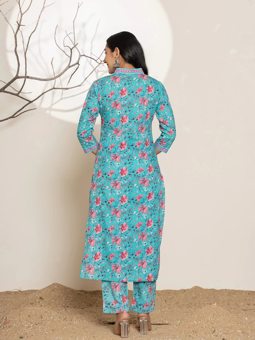 Sea Green Sequins Work Cotton Straight Kurta & Trousers Set
