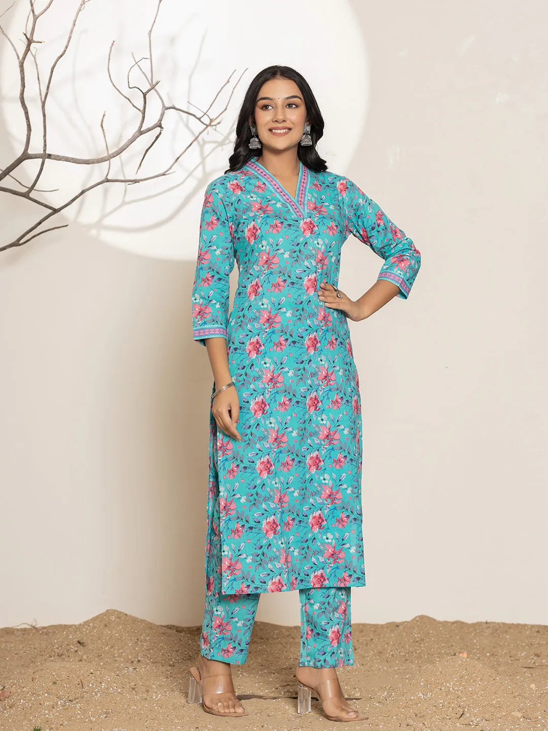 Sea Green Sequins Work Cotton Straight Kurta & Trousers Set
