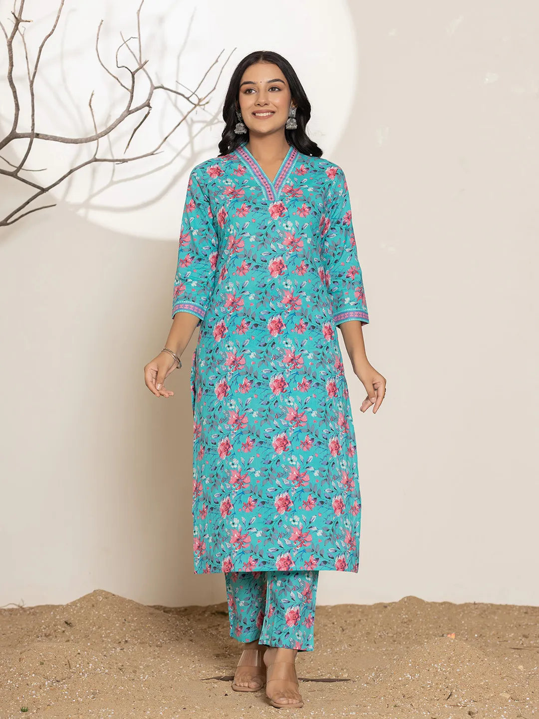 Sea Green Sequins Work Cotton Straight Kurta & Trousers Set