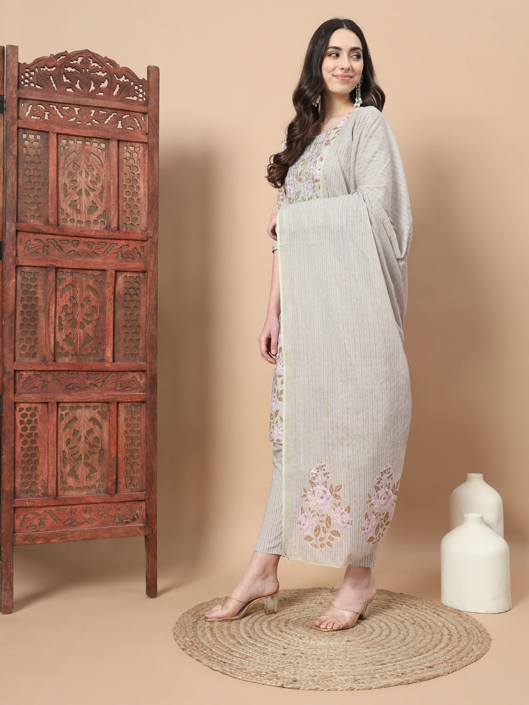 Sea Green Thread Work Cotton Kurta Dupatta Set
