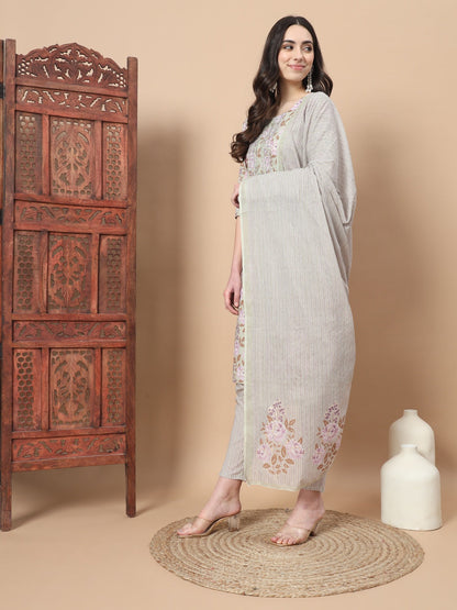 Sea Green Thread Work Cotton Kurta Dupatta Set