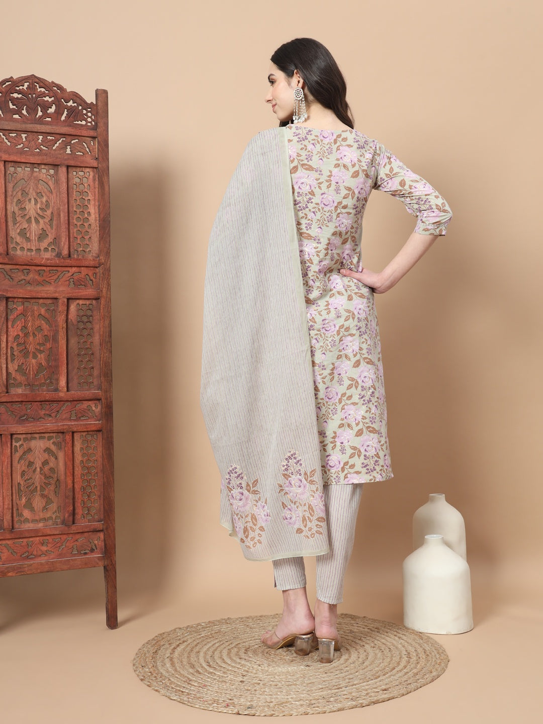 Sea Green Thread Work Cotton Kurta Dupatta Set