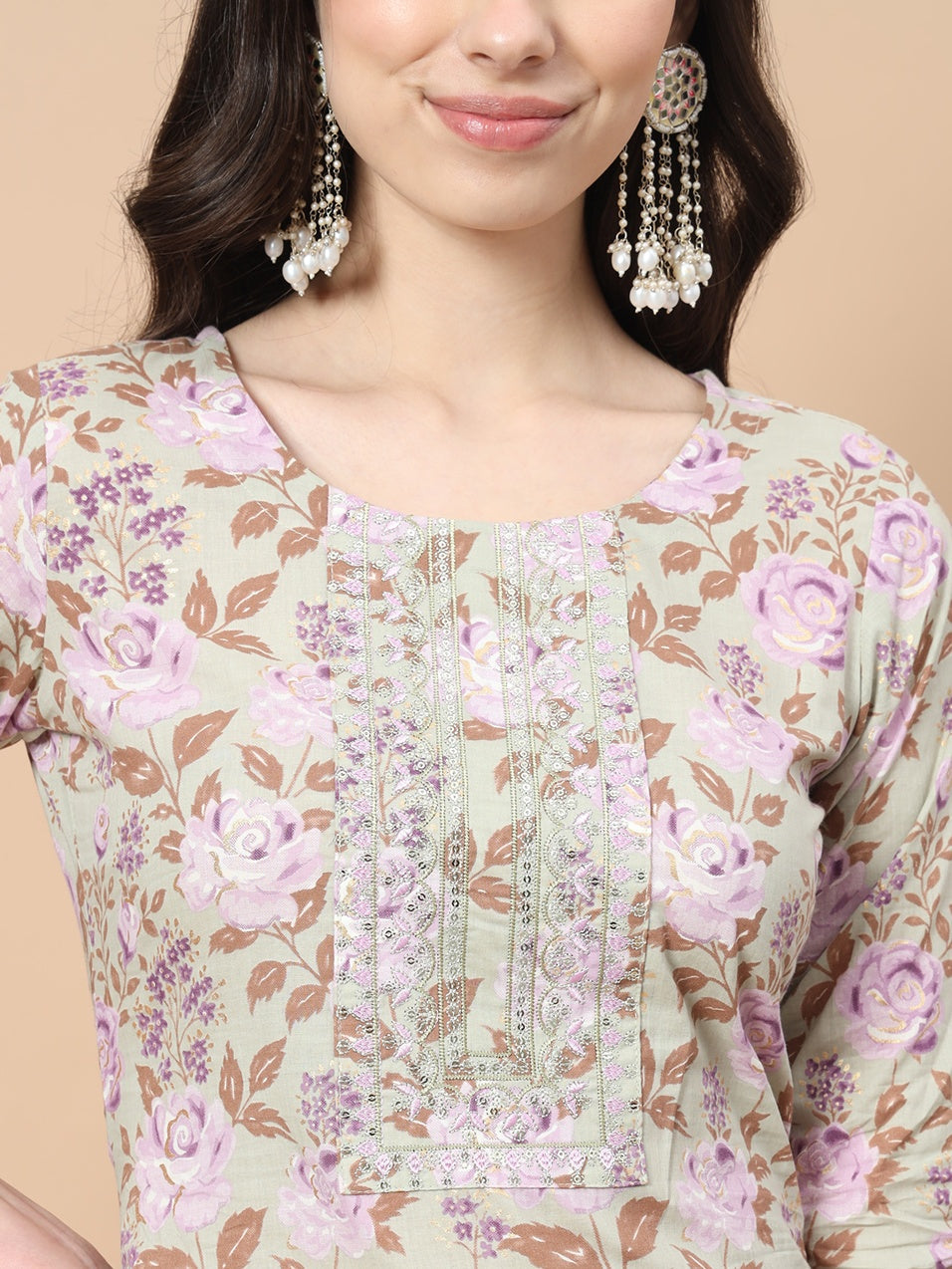 Sea Green Thread Work Cotton Kurta Dupatta Set