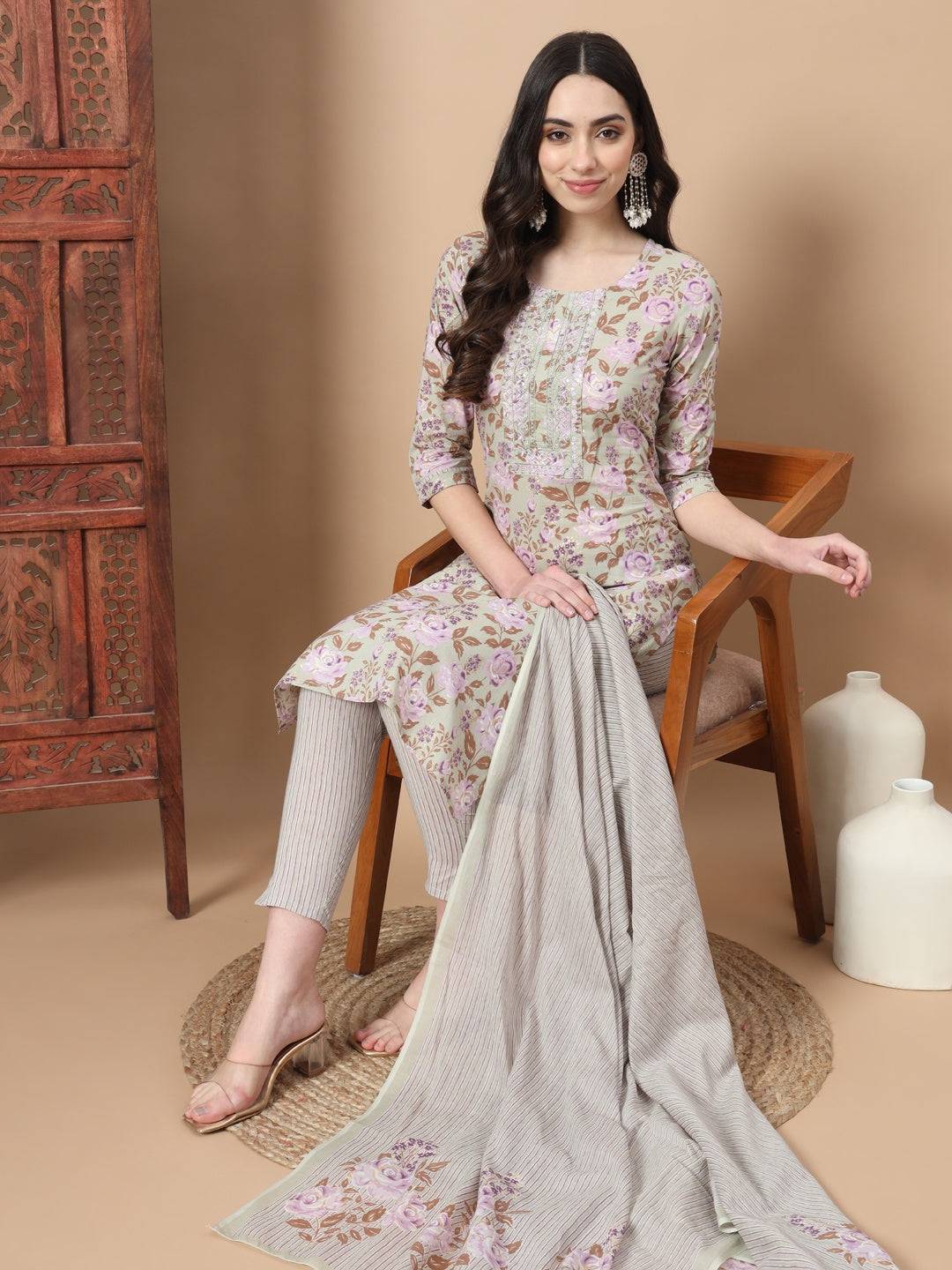 Sea Green Thread Work Cotton Kurta Dupatta Set