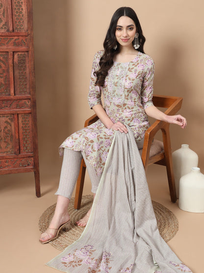 Sea Green Thread Work Cotton Kurta Dupatta Set