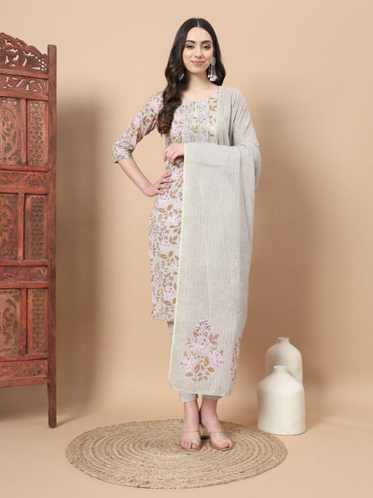 Women's Green Cotton Sea Green Thread Work Cotton Kurta Dupatta Set by Yufta, suitable for wholesale buyers, boutiques, retailers, resellers and bulk fashion orders from Trendphoria