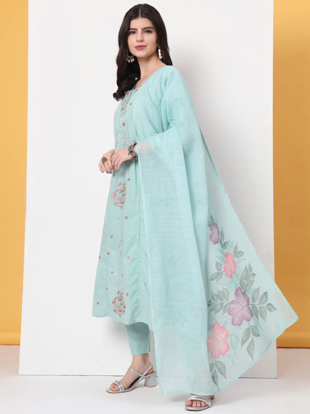 Sea Green Thread Work Lace Work A-Line Kurta Dupatta Pant Set