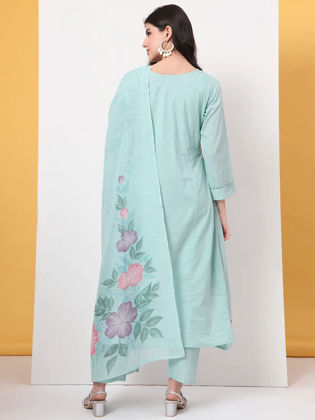 Sea Green Thread Work Lace Work A-Line Kurta Dupatta Pant Set