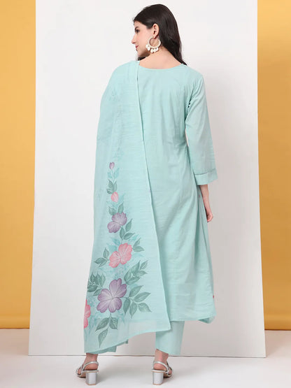 Sea Green Thread Work Lace Work A-Line Kurta Dupatta Pant Set