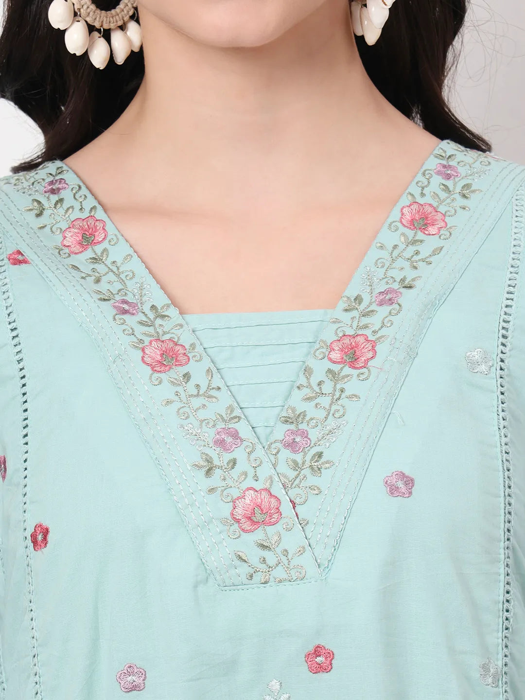 Sea Green Thread Work Lace Work A-Line Kurta Dupatta Pant Set