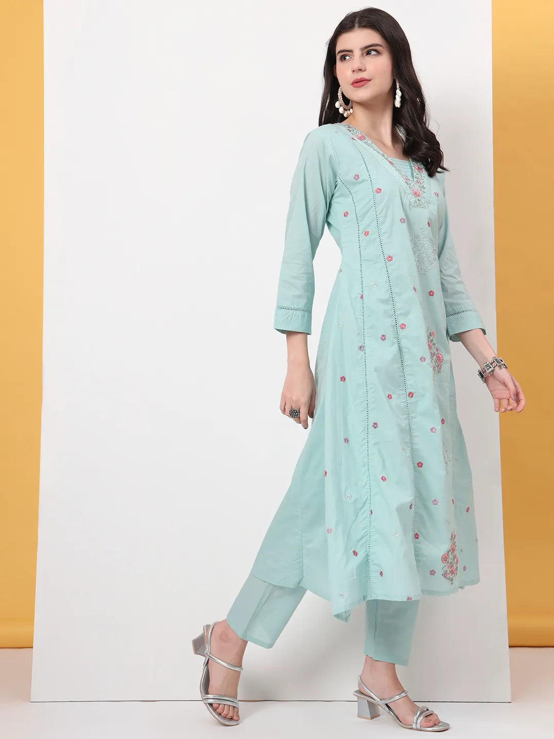 Sea Green Thread Work Lace Work A-Line Kurta Dupatta Pant Set