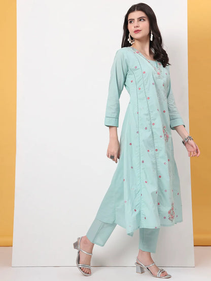 Sea Green Thread Work Lace Work A-Line Kurta Dupatta Pant Set