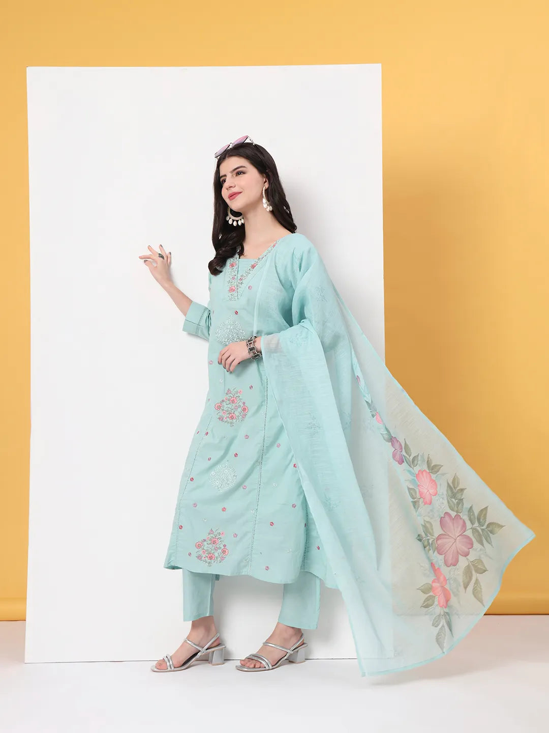Sea Green Thread Work Lace Work A-Line Kurta Dupatta Pant Set