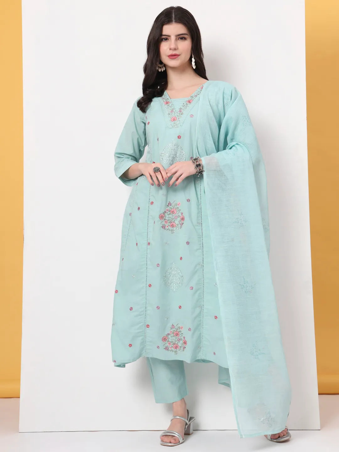 Women's Green Cotton Sea Green Thread Work Lace Work A-Line Kurta Dupatta Pant Set by Yufta, suitable for wholesale buyers, boutiques, retailers, resellers and bulk fashion orders from Trendphoria