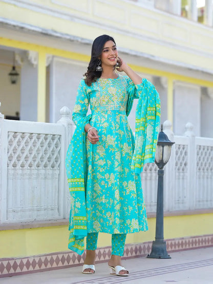 Sea Green Zari Work Anarkali Pant Dupatta Set
