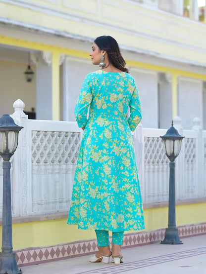 Sea Green Zari Work Anarkali Pant Dupatta Set