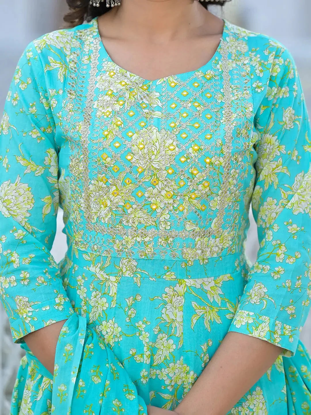Sea Green Zari Work Anarkali Pant Dupatta Set