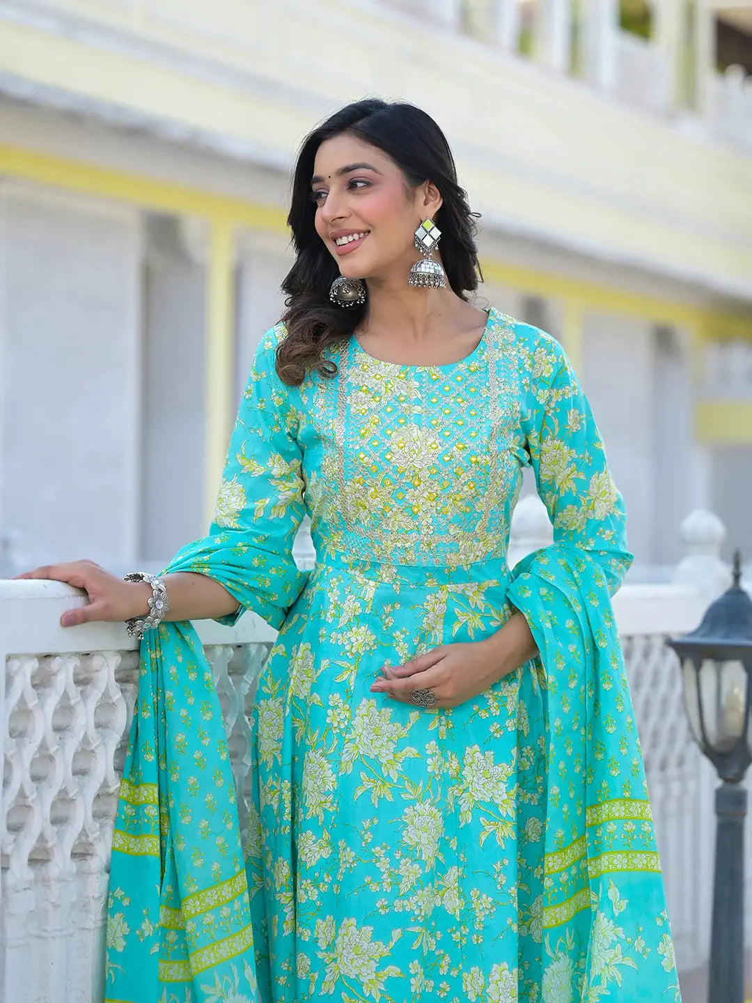 Sea Green Zari Work Anarkali Pant Dupatta Set
