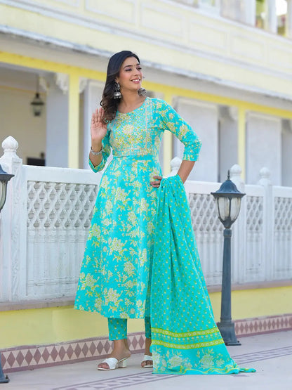 Sea Green Zari Work Anarkali Pant Dupatta Set