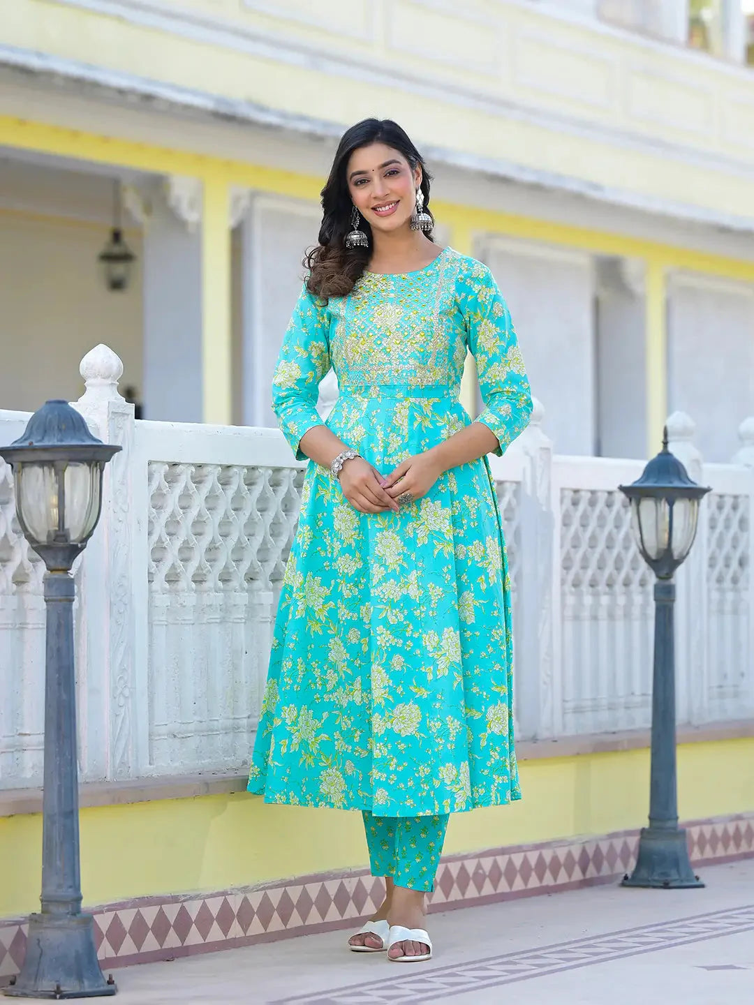 Sea Green Zari Work Anarkali Pant Dupatta Set