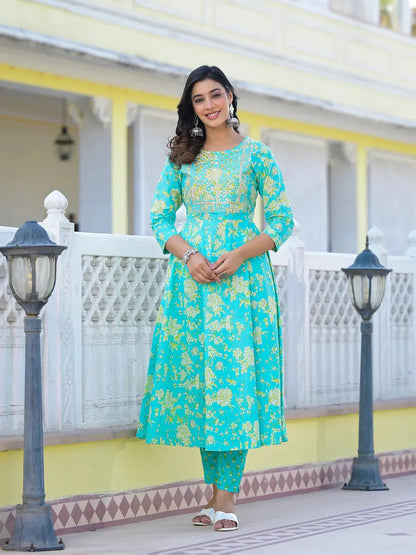 Sea Green Zari Work Anarkali Pant Dupatta Set