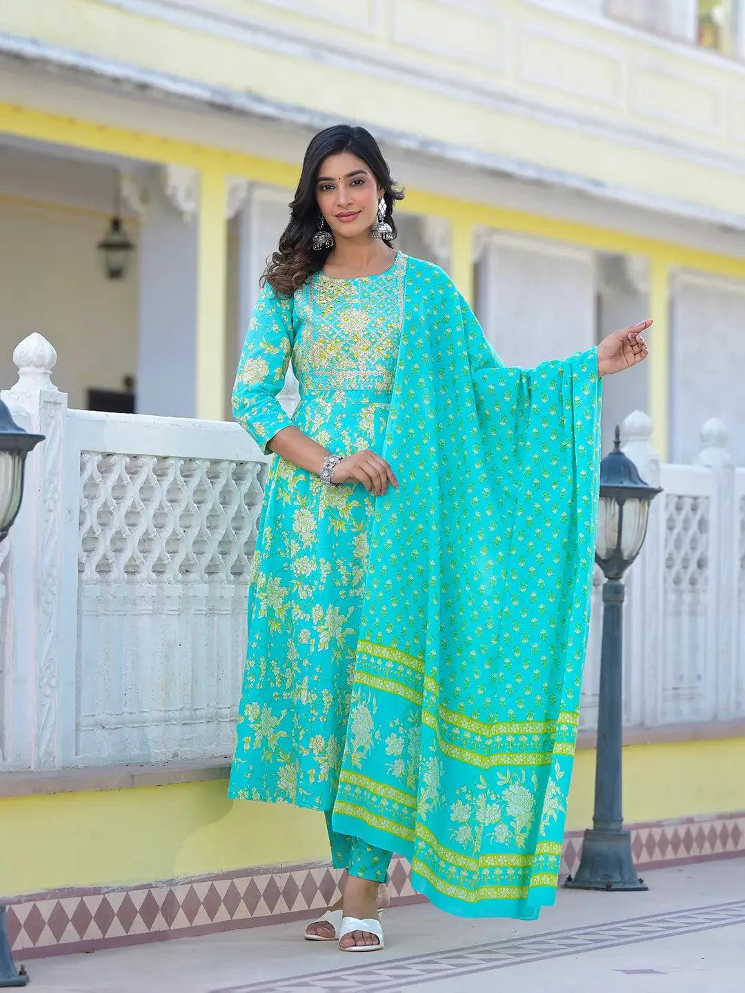 Women's Green Cotton Sea Green Zari Work Anarkali Pant Dupatta Set by Yufta, suitable for wholesale buyers, boutiques, retailers, resellers and bulk fashion orders from Trendphoria