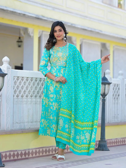 Women's Green Cotton Sea Green Zari Work Anarkali Pant Dupatta Set by Yufta, suitable for wholesale buyers, boutiques, retailers, resellers and bulk fashion orders from Trendphoria