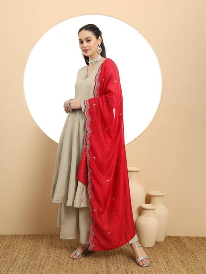 Silk Military Green Anarkali Kurta Dupatta Palazzo Set
