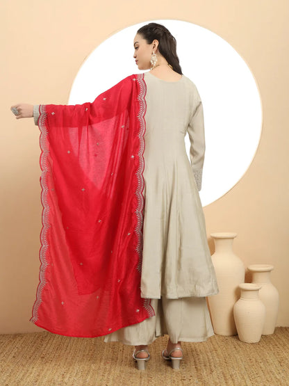 Silk Military Green Anarkali Kurta Dupatta Palazzo Set