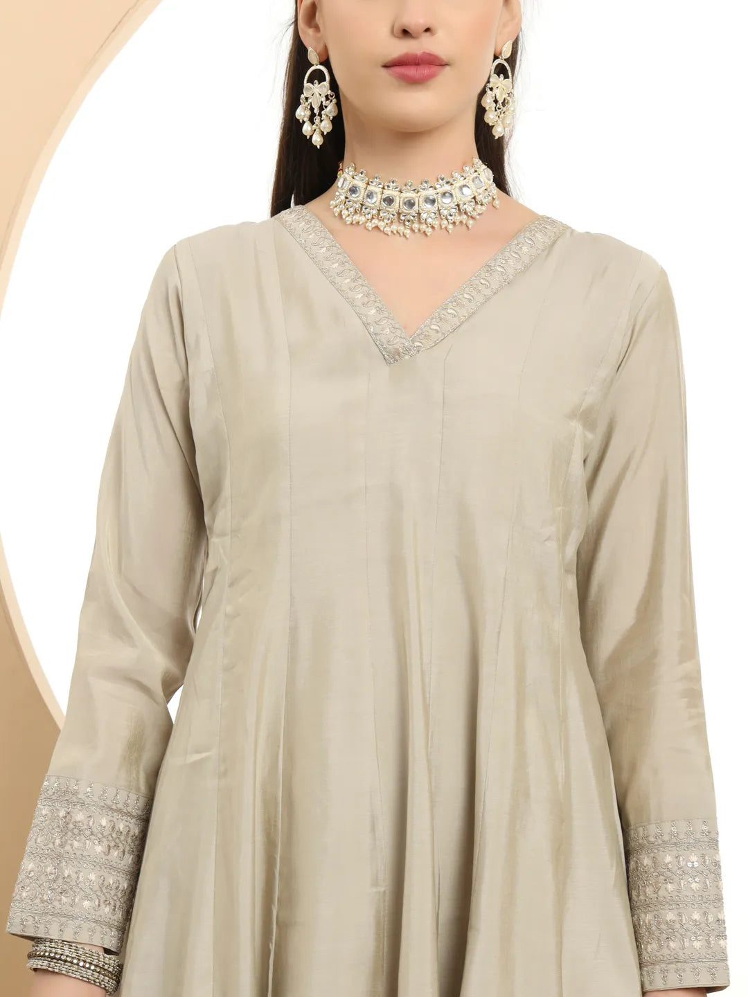 Silk Military Green Anarkali Kurta Dupatta Palazzo Set