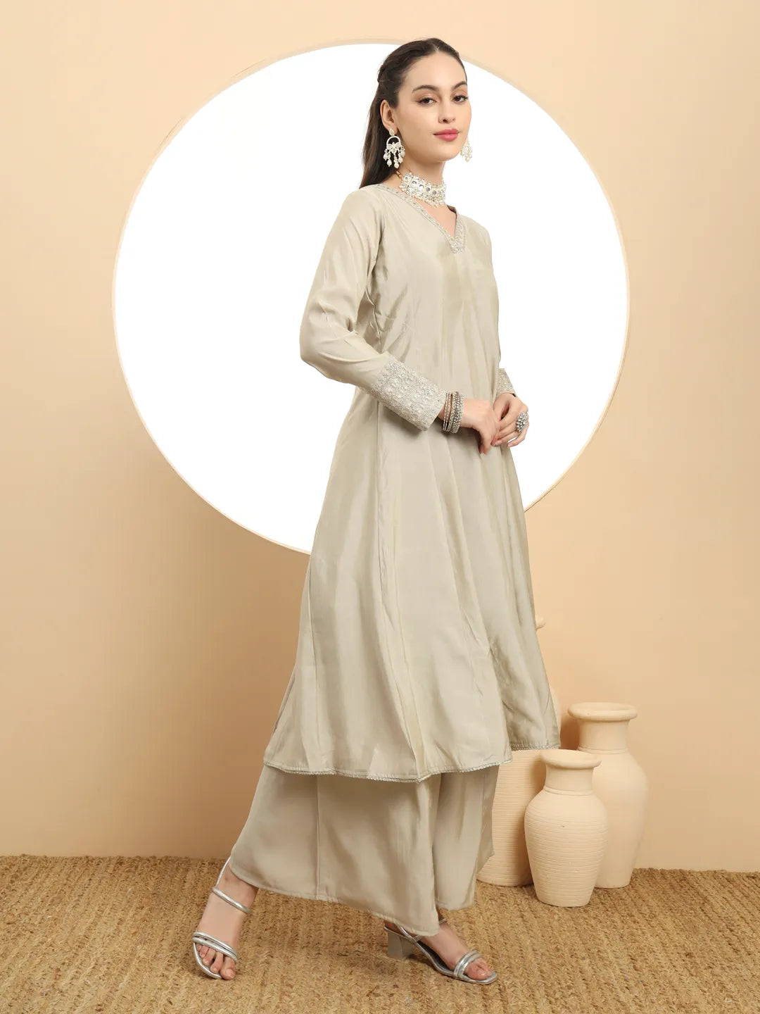 Silk Military Green Anarkali Kurta Dupatta Palazzo Set