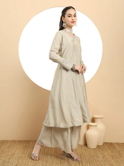 Silk Military Green Anarkali Kurta Dupatta Palazzo Set