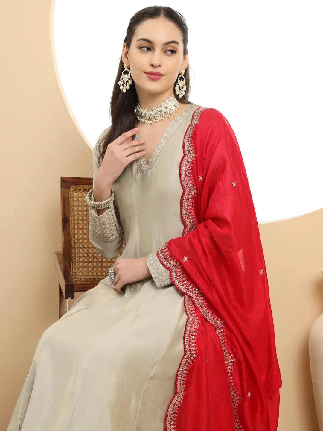 Silk Military Green Anarkali Kurta Dupatta Palazzo Set
